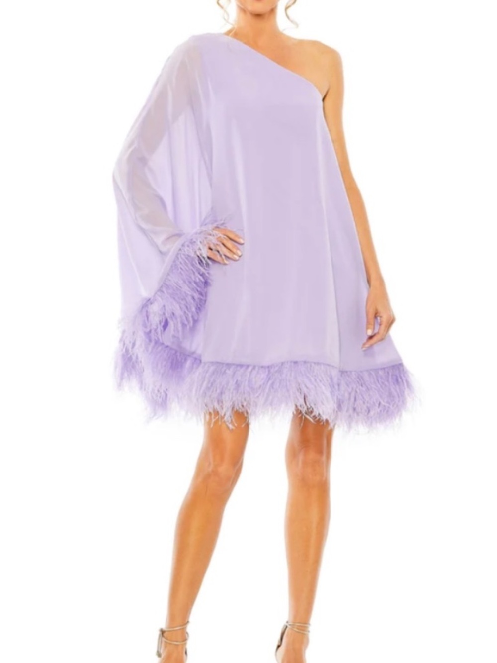 NEW Mac Duggal One Shoulder Trapeze Dress with Feather Trim Size 4 Lilac 11623